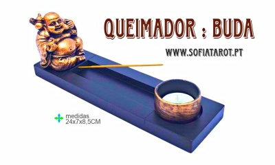 Queimador de incenso buda dourado com base preta e castiçal dourado