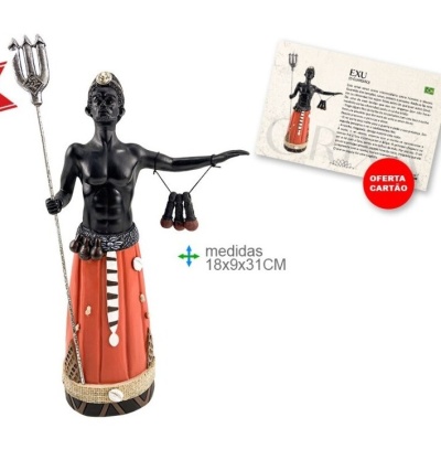 Estátua decorativa de figura masculina com tridente e saia vermelha