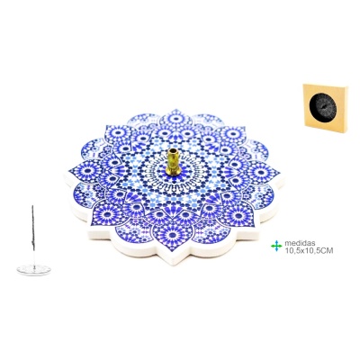 Suporte de incenso cerâmico azul e branco com padrão floral e incenso fino