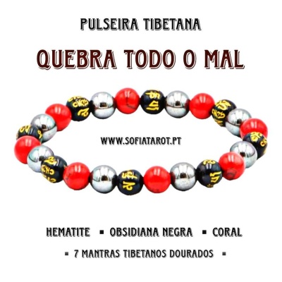 Pulseira tibetana com contas prateadas, pretas com mantras dourados e vermelhas, texto em português e website
