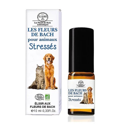 Frasco e caixa de elixir Les Fleurs de Bach para animais Stressés com imagem de cão e gato