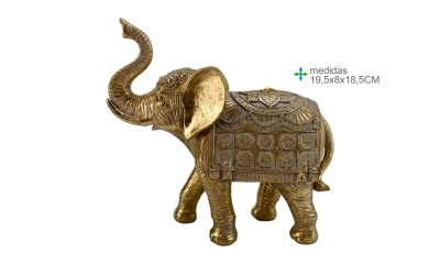 Estátua decorativa de elefante dourado com relevo em fundo branco