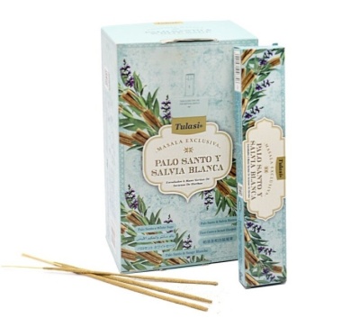 Caixa e embalagem de incenso Tulasi Palo Santo y Salvia Blanca com design floral e paus de incenso
