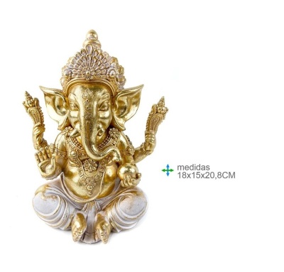 Estátua dourada de Ganesha com detalhes brancos sentada e com quatro braços