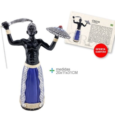 Estátua de Ogum em resina a preto e azul com espada e escudo