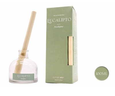 Difusor de varetas de eucalipto com embalagem verde e frasco de vidro