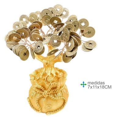 Árvore decorativa dourada com moedas chinesas e base em forma de saco