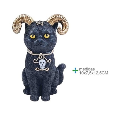 Estatueta de gato preto com chifres dourados e colar com caveira