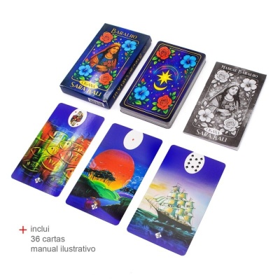 Conjunto de baralho Cigana Sara Kali com cartas coloridas, caixa e manual ilustrativo.