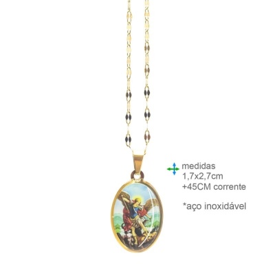Colar com pendente oval de aço inoxidável com imagem de anjo