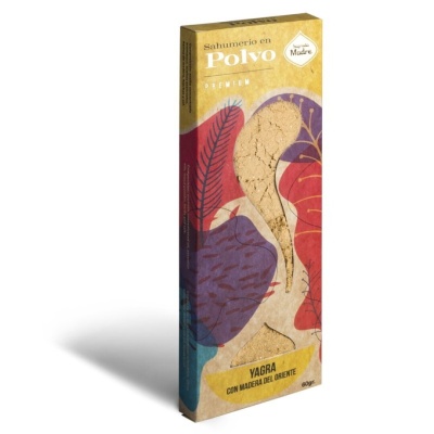 Embalagem de incenso em pó com padrão colorido e texto em espanhol