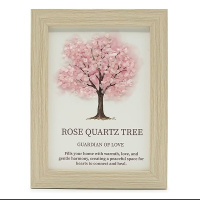 Quadro decorativo com árvore de quartzo rosa e texto sobre amor e harmonia