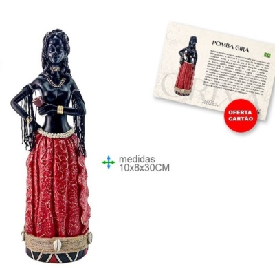 Estátua de Pomba Gira negra com saia vermelha e base decorada