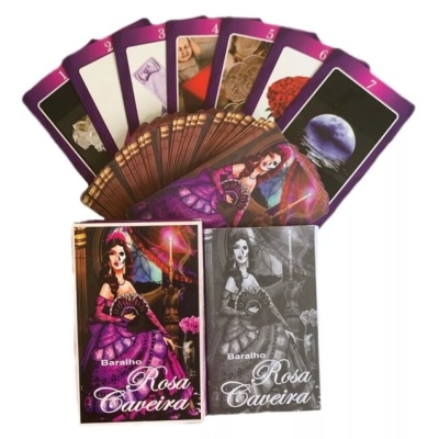 Baralho de cartas temáticas com caixa colorida e preto e branco, cartas numeradas de 1 a 7 visíveis