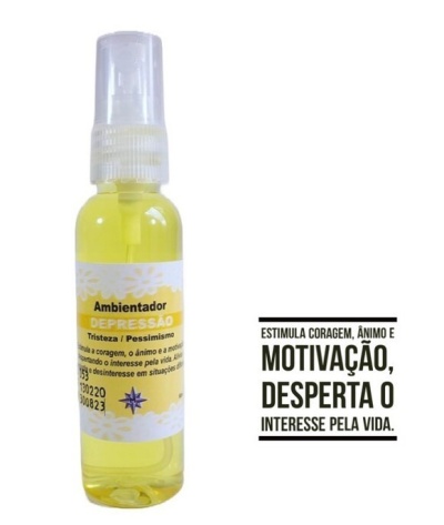 Frasco de ambientador amarelo com rótulo indicando uso para depressão e motivação.