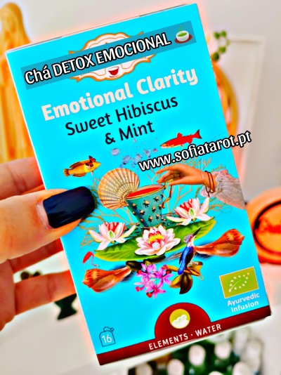 Pacote azul de chá emocional com texto e ilustrações coloridas