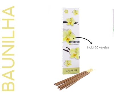 Embalagem branca de incensos de baunilha com flores amarelas e varetas ao lado
