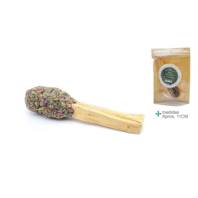 Varinha de Pau Santo com extrato floral colorido e embalagem com etiqueta verde e branca