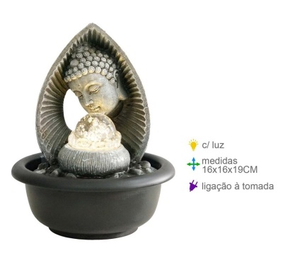 Fonte decorativa Buda cinzenta com luz e base preta