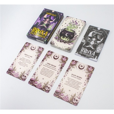 Conjunto de oráculo Bruxa da Floresta com caixa, baralho, manual e cartas ilustradas.