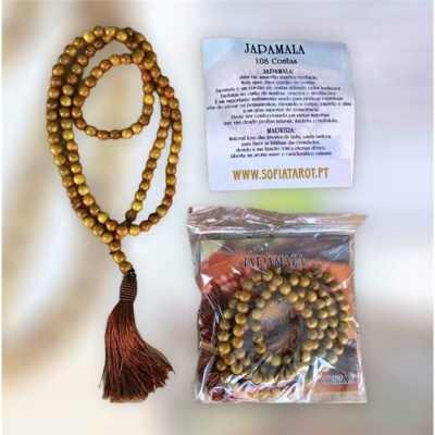 Jadâmala de madeira com 108 contas e franja castanha, instruções em folha e embalagem plástica