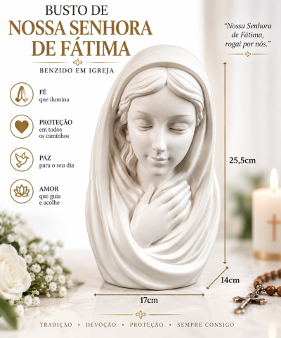 Busto branco de Nossa Senhora de Fátima com texto em português e dimensões indicadas