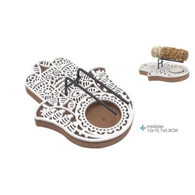 Suporte branco decorativo em forma de mão com base castanha, suporte metálico preto e rolo de ervas