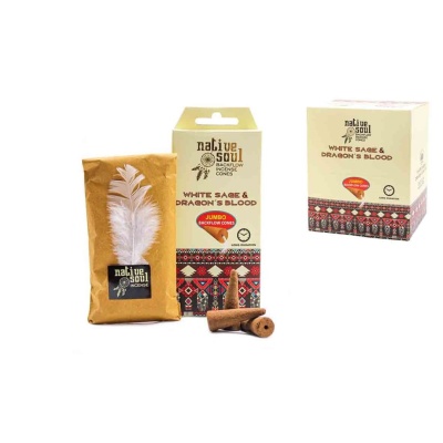 Cones de incenso White Sage & Dragon's Blood da Native Soul em embalagem branca e saco castanho com pena branca