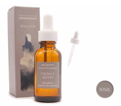 Frasco âmbar com conta-gotas branco e caixa cinza com texto de aromaterapia relaxante