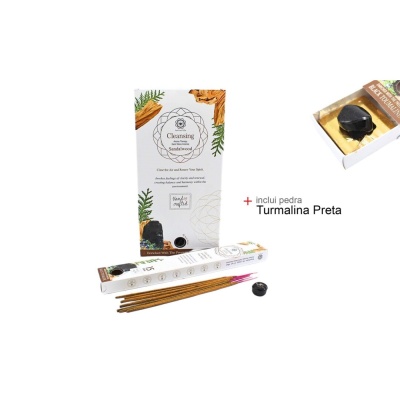 Conjunto de incenso com caixa branca decorada, bastões de incenso castanhos, suporte preto e pedra Turmalina Preta