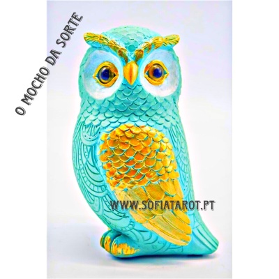 Figura decorativa azul e amarela de mocho com textos promocionais