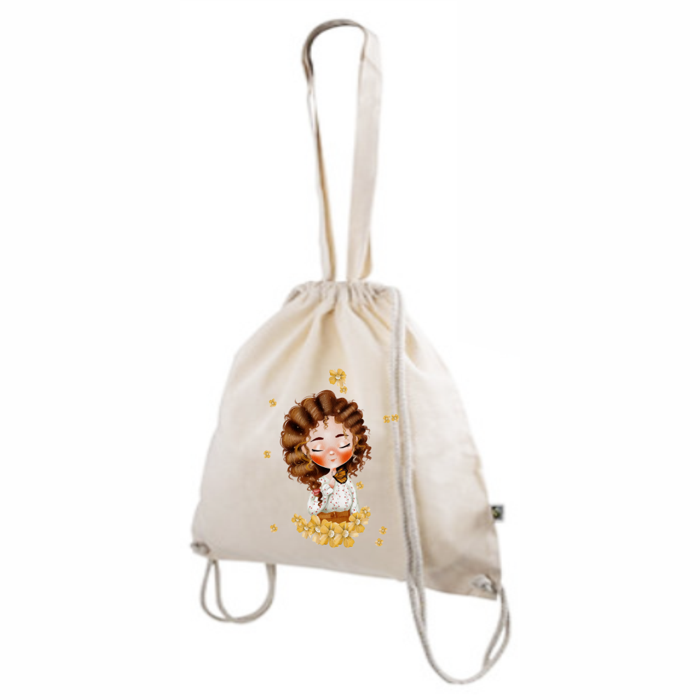 Tote bag 2 em 1 Mochila de tecido cru com estampa de menina e flores amarelas
