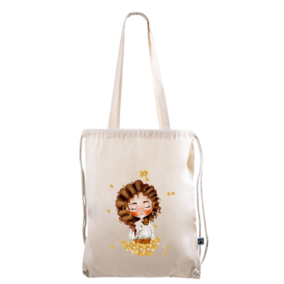 Mochila saco branca com ilustração de rapariga e pétalas amarelas