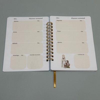 Planner semanal aberto com espiral dourada e caixas para anotações.