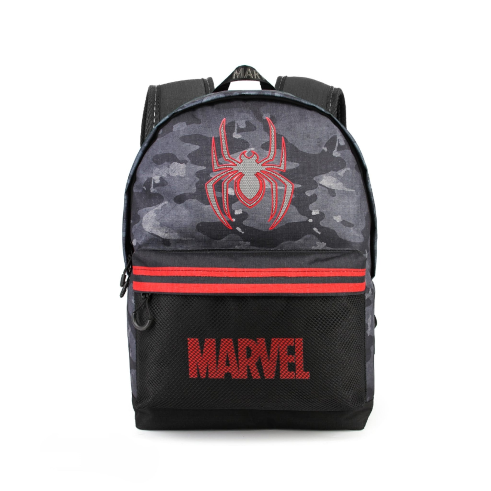 Mochila Escolar Spider-Man Marvel Mochila camuflada cinza com símbolo de aranha vermelha e texto MARVEL