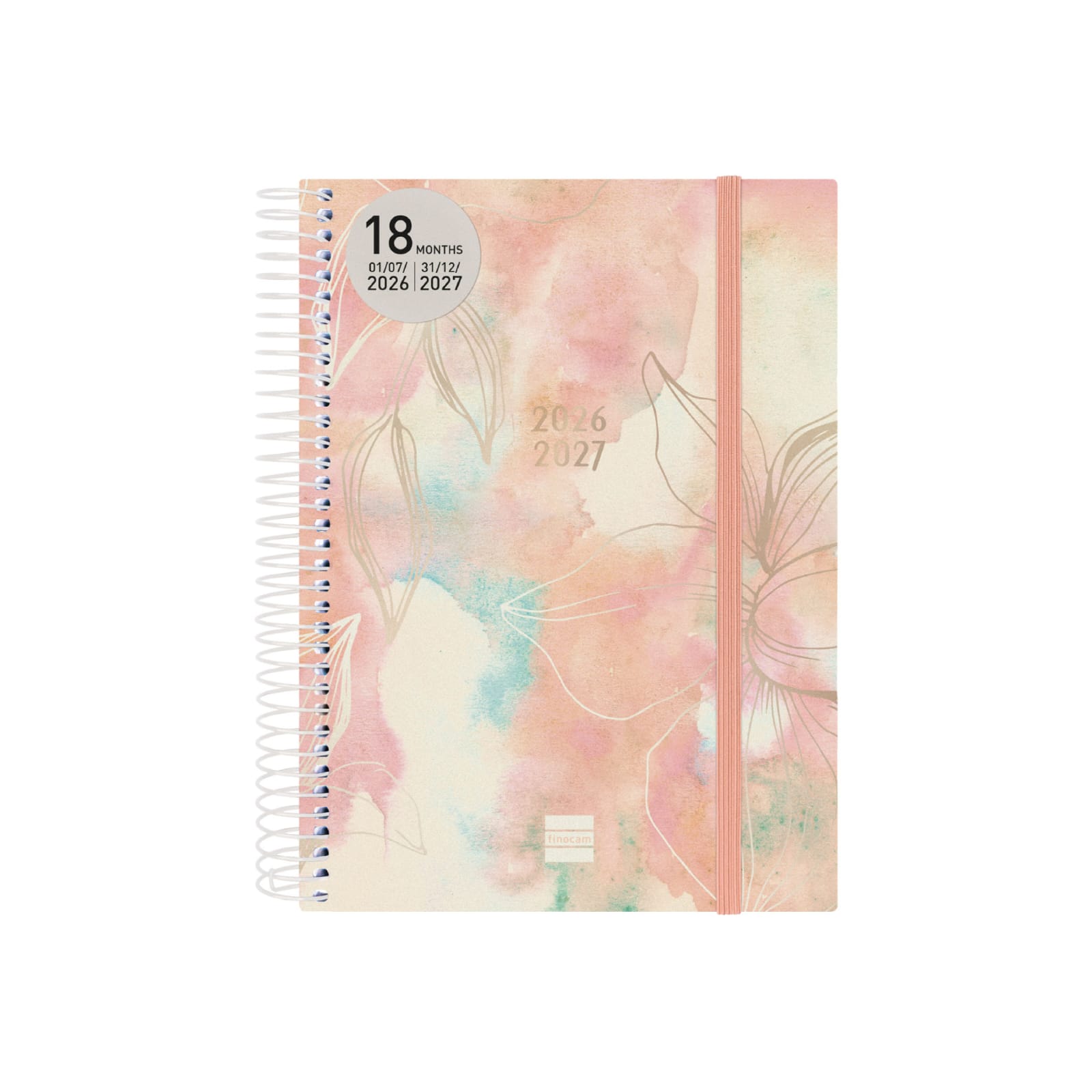 Agenda Espiral 2 Dias por Página 18 Meses 2026/2027 Pretty | Finocam Agenda espiral com capa floral pastel e fecho elástico