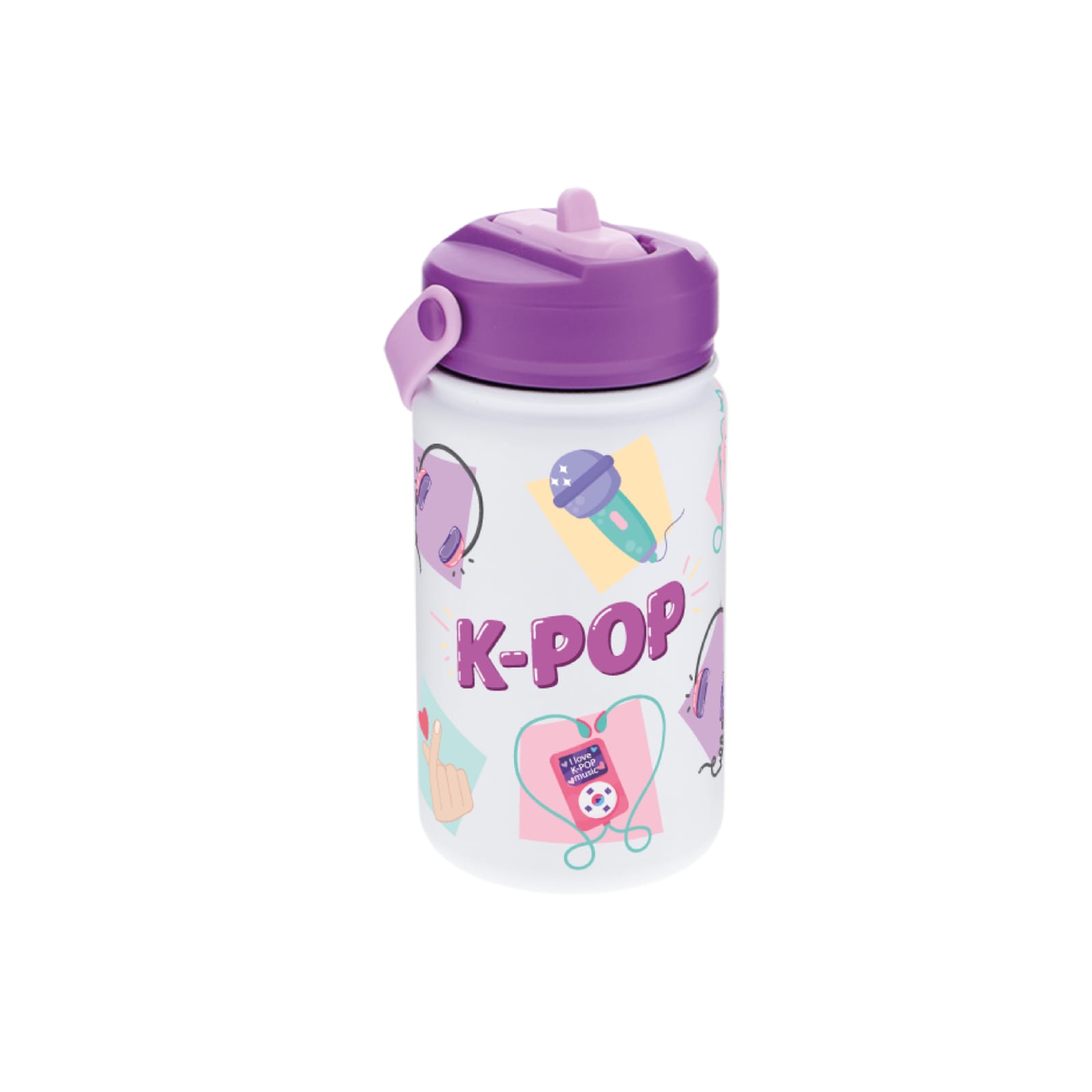 Garrafa Térmica com Palhinha Ice/Purple K-Pop 330ml | Aurea Kids Garrafa branca com tampa roxa e desenhos de K-POP