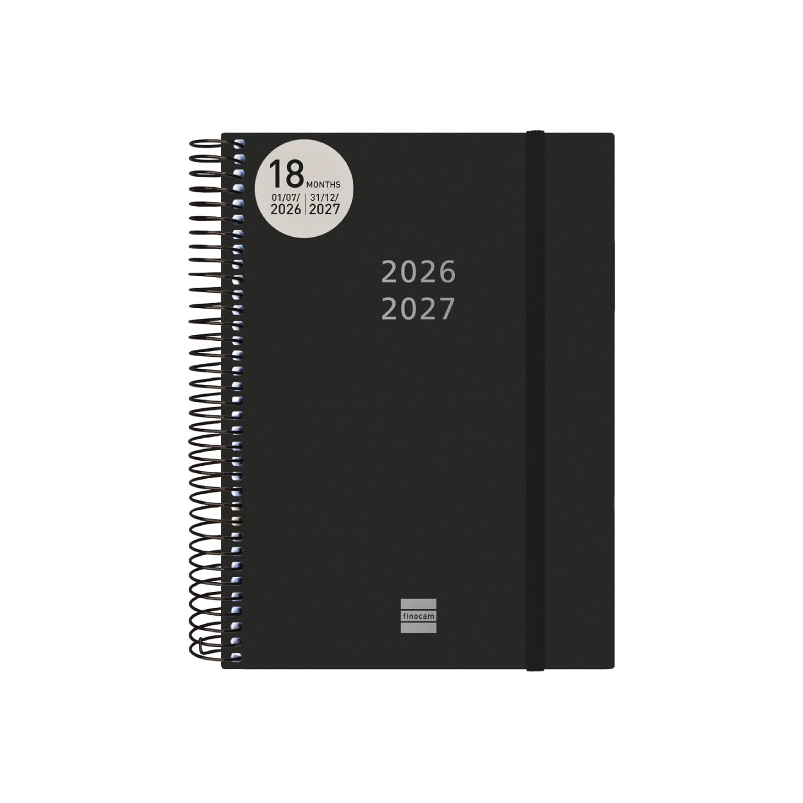 Agenda 2 Dias por Página Espiral 18 Meses 2026/2027 Preto | Finocam Agenda negra de capa dura com espiral e elástico com texto 2026 2027