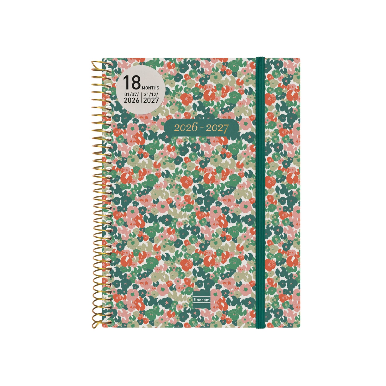 Agenda Semanal Espiral 18 Meses 2026/2027 Daisy | Finocam Agenda floral 2026-2027 com espiral dourada e elástico verde