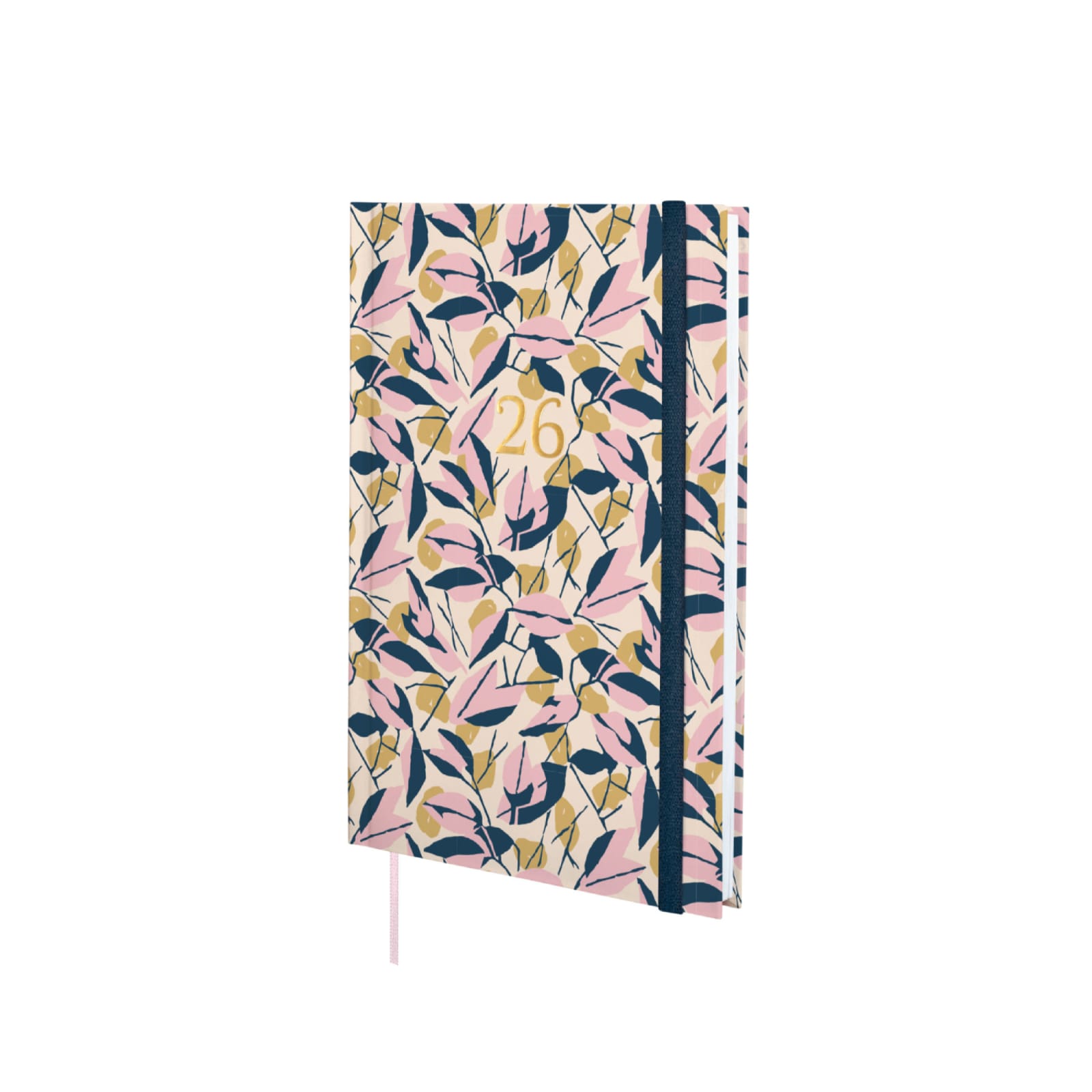 Agenda semanal 2026 Berlim Leaves | Finocam Caderno capa dura floral rosa azul amarelo com número 26 e elástico preto