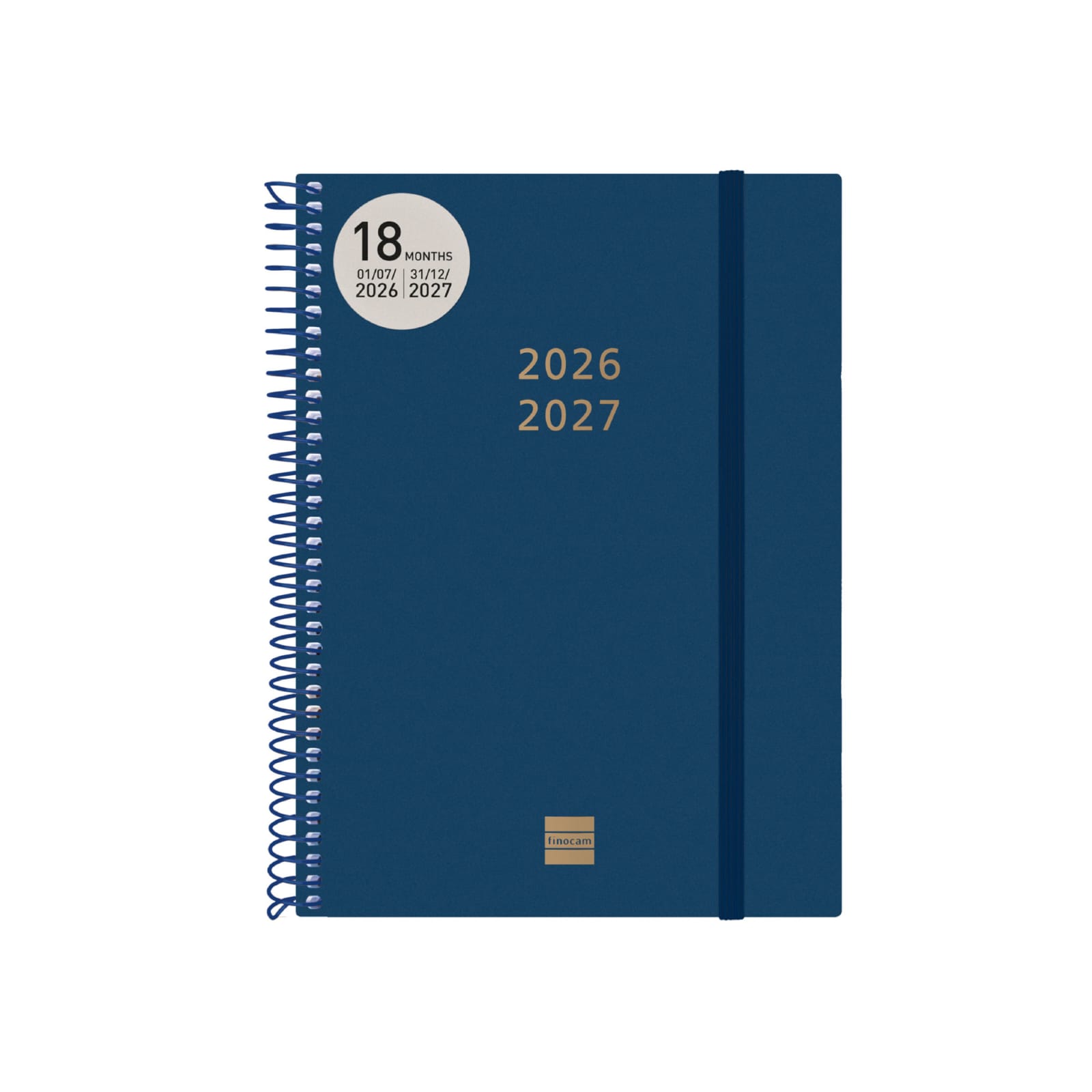 Agenda Semanal Espiral 18 Meses 2026/2027 Azul | Finocam Agenda azul escura com espiral e texto 2026 2027