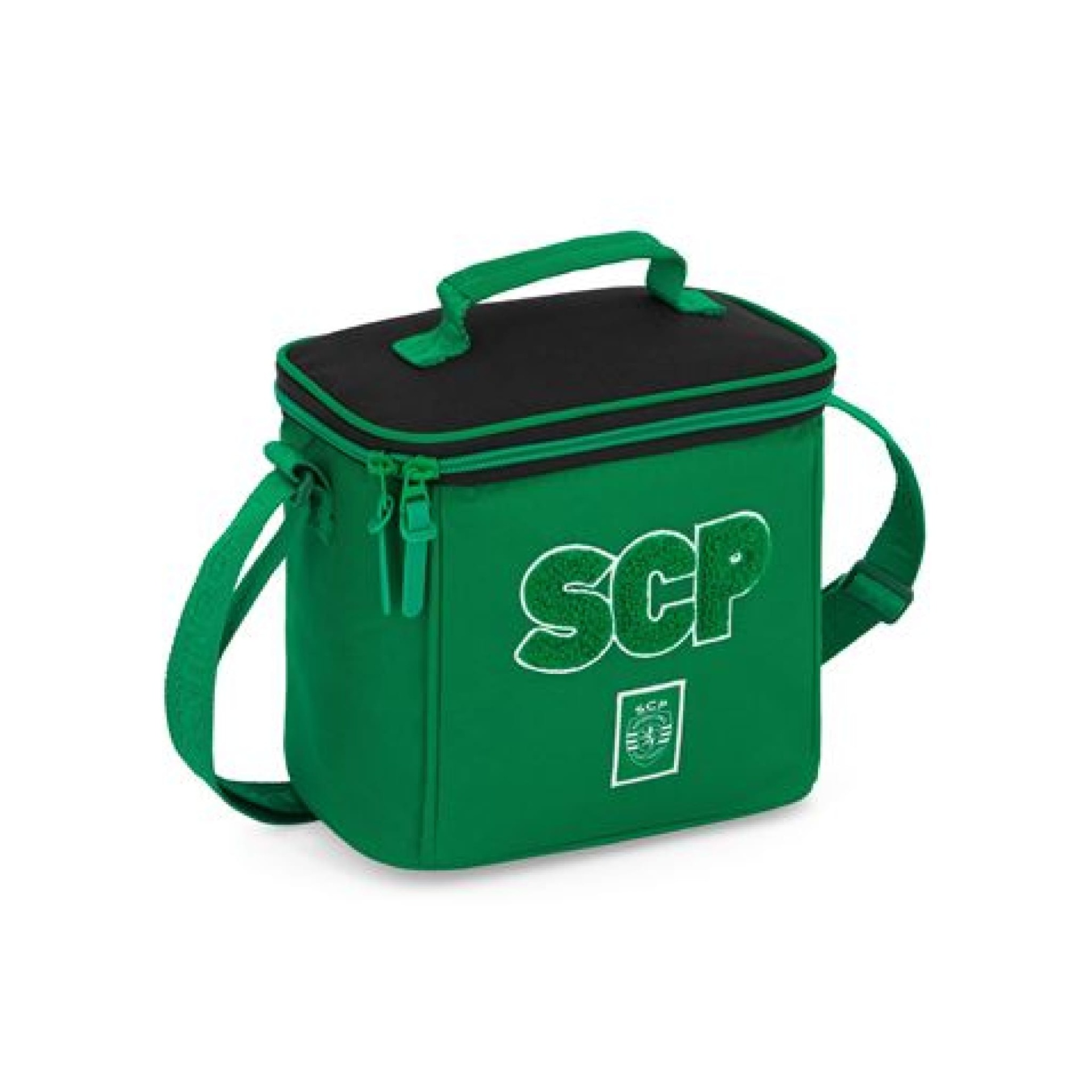 Lancheira Térmica Sporting | SCP Sacola térmica verde e preta com alça e zíper SCP