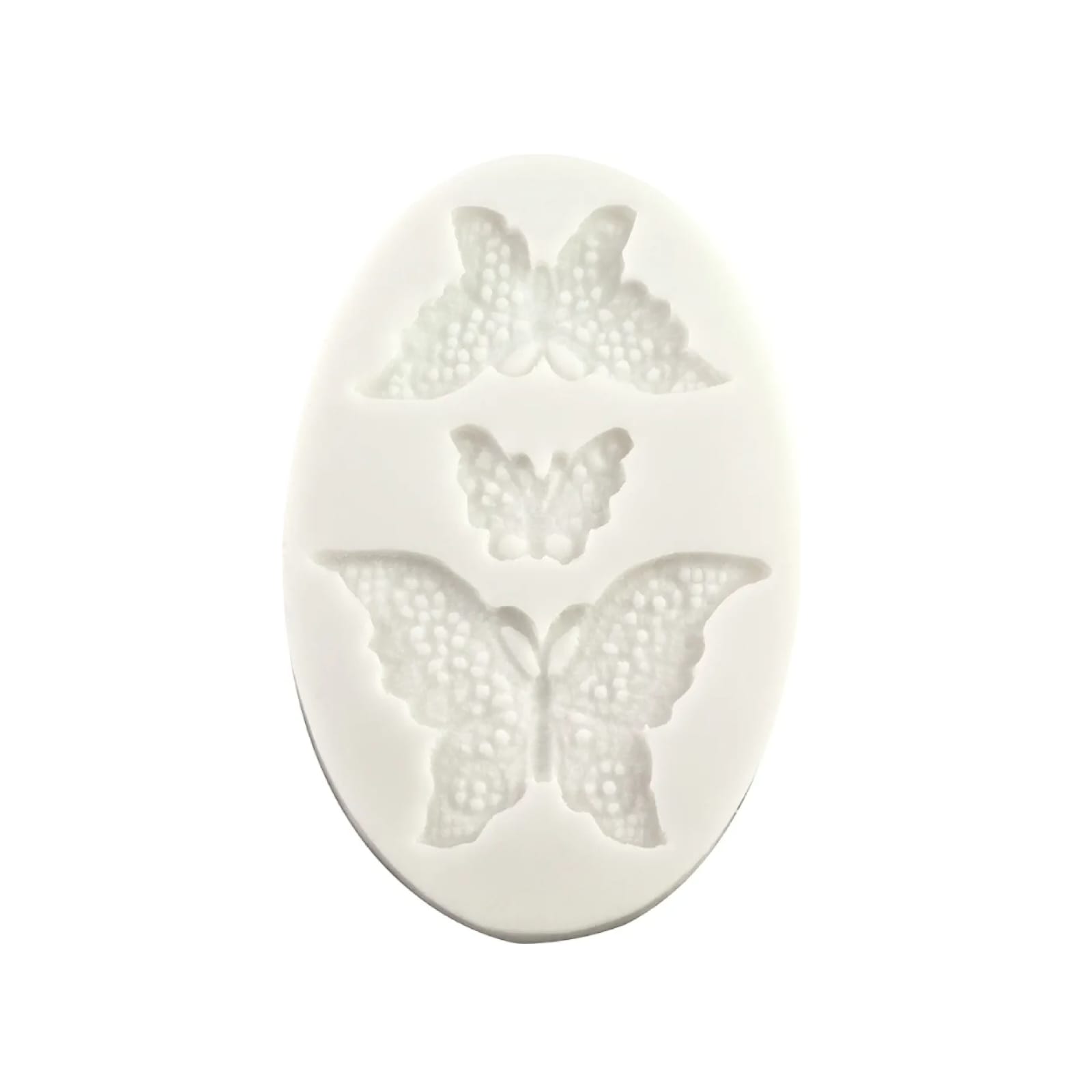 Molde de Silicone Borboletas Molde de silicone branco com três borboletas em relevo.