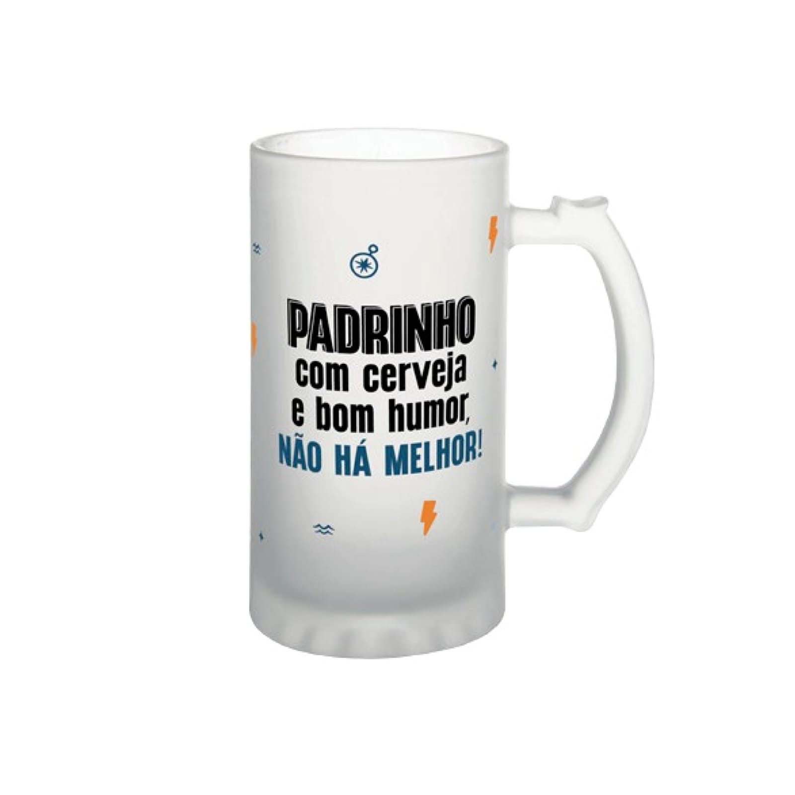 Caneca de Cerveja “Padrinho com Cerveja e Bom Humor, Não Há Melhor!” | Lovely Story Caneca de vidro fosco com texto e ícones coloridos