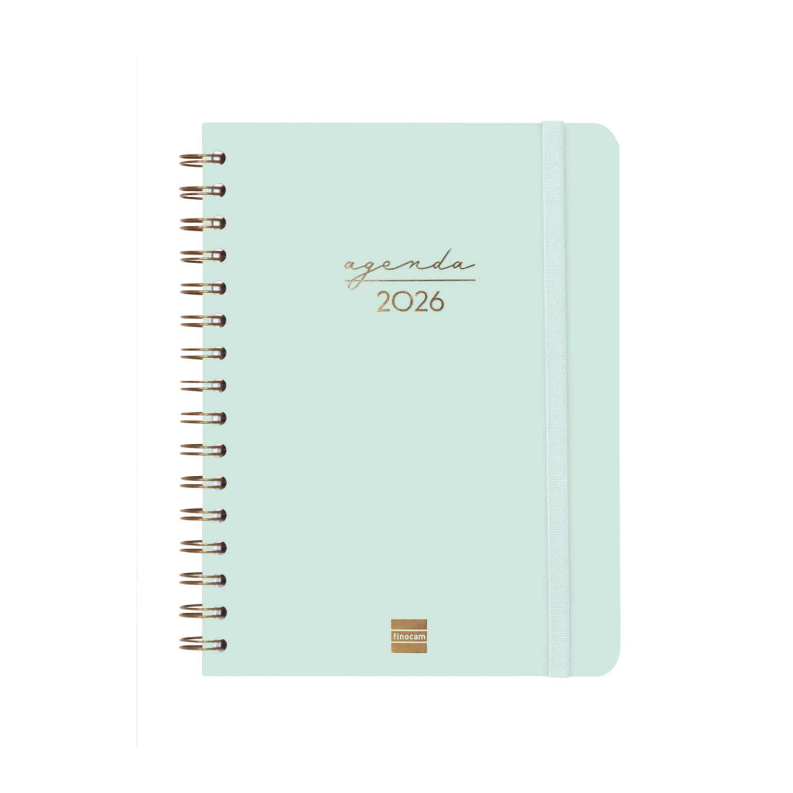Agenda semanal A5 2026 Espiral Alma Mint | Finocam Agenda 2026 verde-água com elástico e argolas metálicas douradas