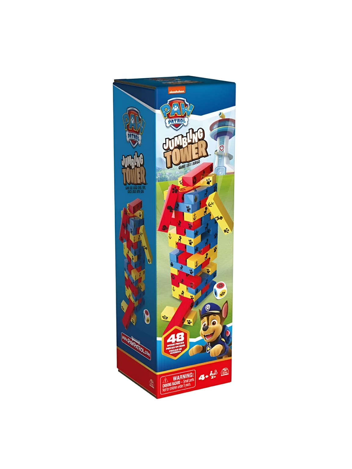 Jogo da Torre | Patrulha Pata Embalagem de jogo torre de blocos empilháveis PAW PATROL com blocos coloridos e personagem cartoon.