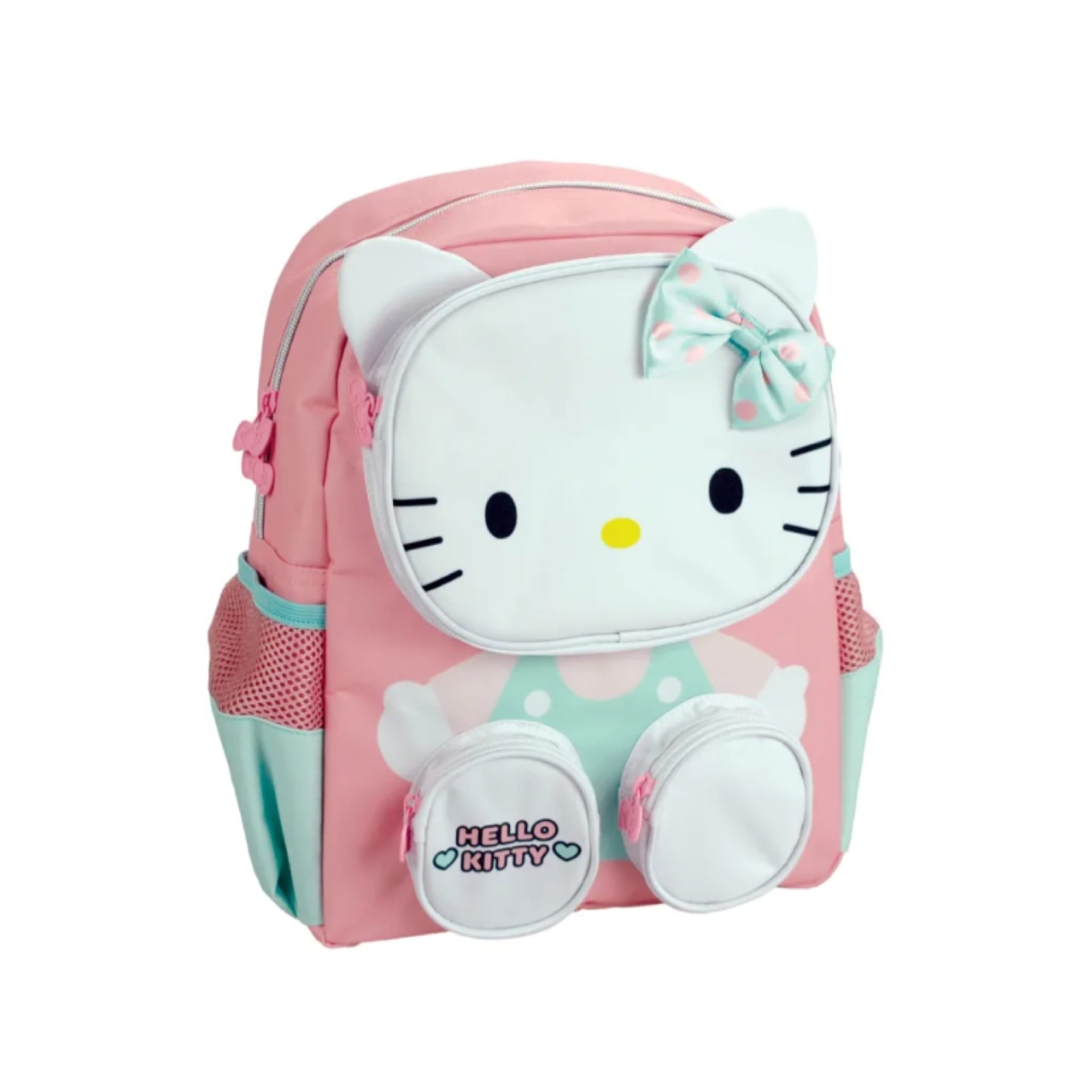 Mochila Pré-Escolar Hello Kitty Mochila rosa com bolso branco decorado com rosto de gato e laço azul com bolinhas cor-de-rosa.