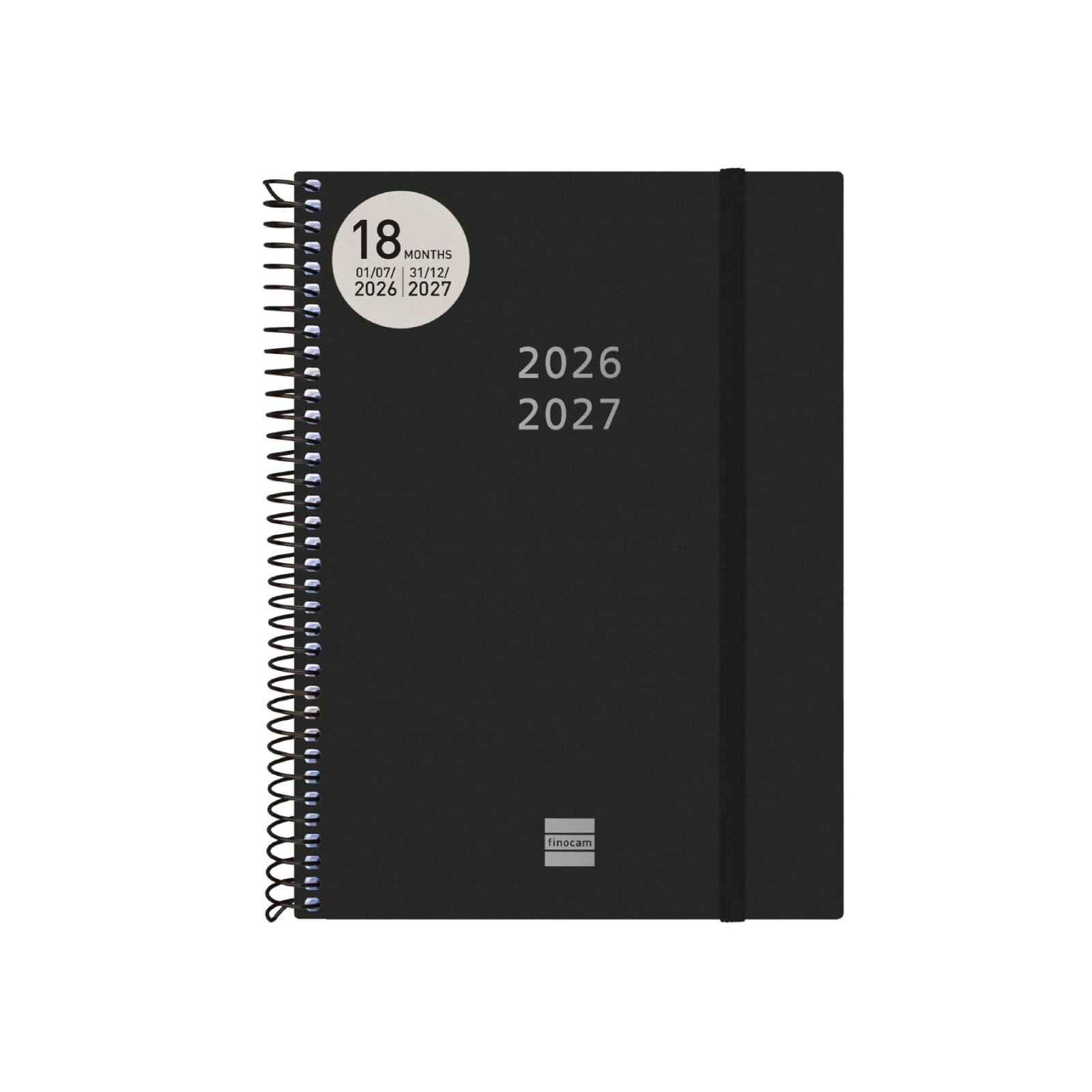 Agenda Semanal Espiral 18 Meses 2026/2027 Preto | Finocam Diário em espiral preto com texto e elástico preto