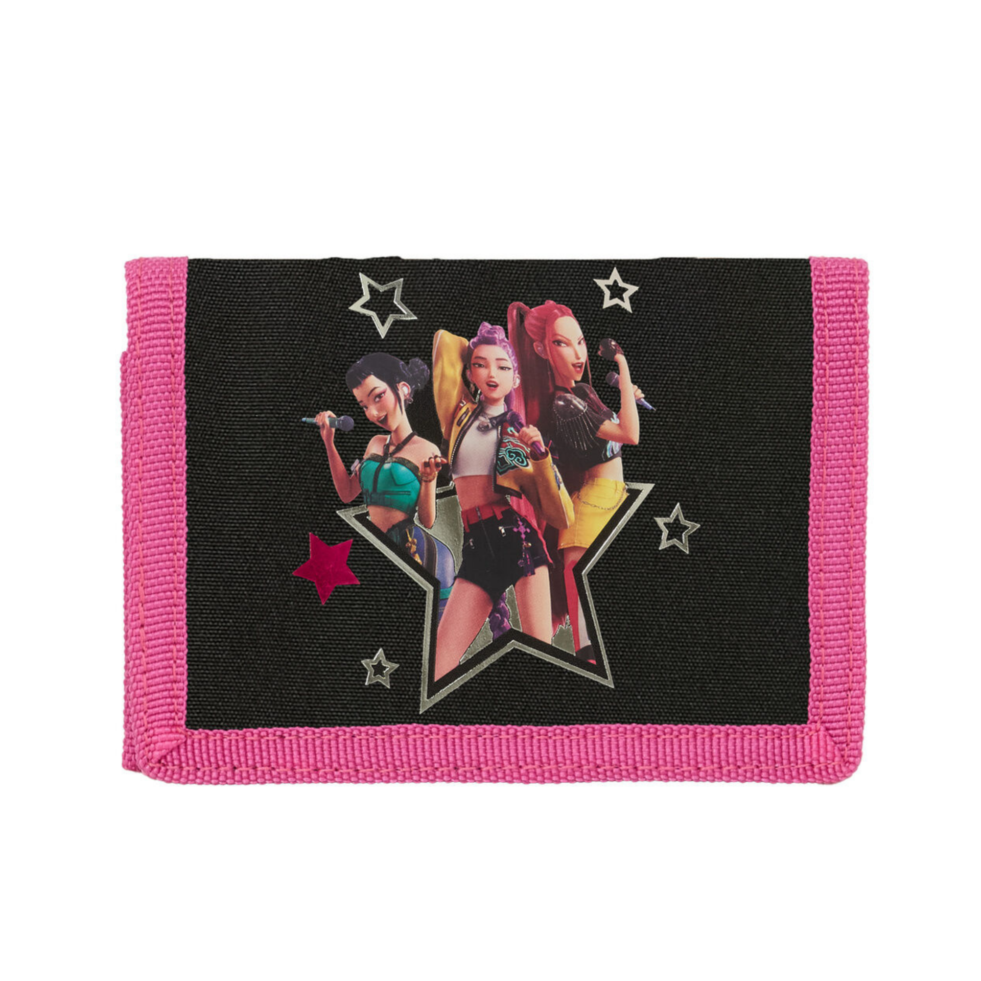 Carteira Guerreiras do K-Pop Demon Hunters Energy Carteira preta com bordas cor-de-rosa e estampa de personagens femininas animadas
