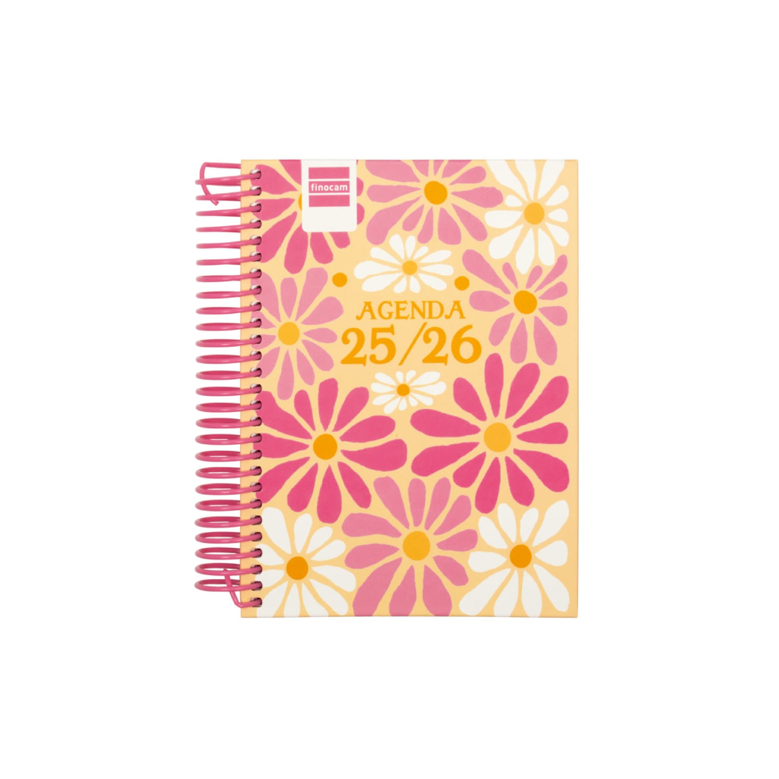 Agenda Escolar Diária Diva 2025/2026 | Finocam Agenda 25/26 com capa floral rosa, branco e amarelo com espiral rosa